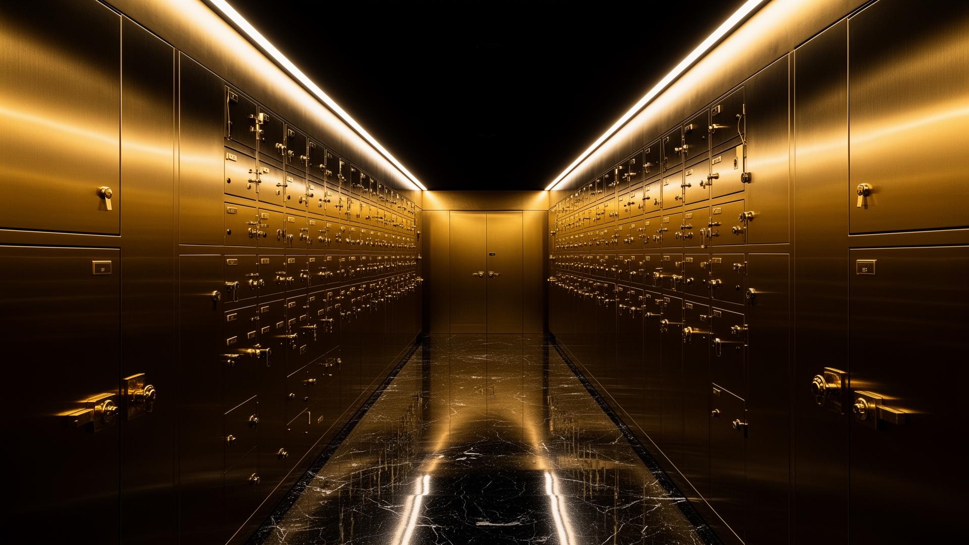 Private vault corridor lined with safety deposit boxes